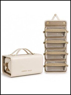 Roll Up Makeup Bag with 4 Detachable Clear Pouches, Travel Toiletry Organizer
